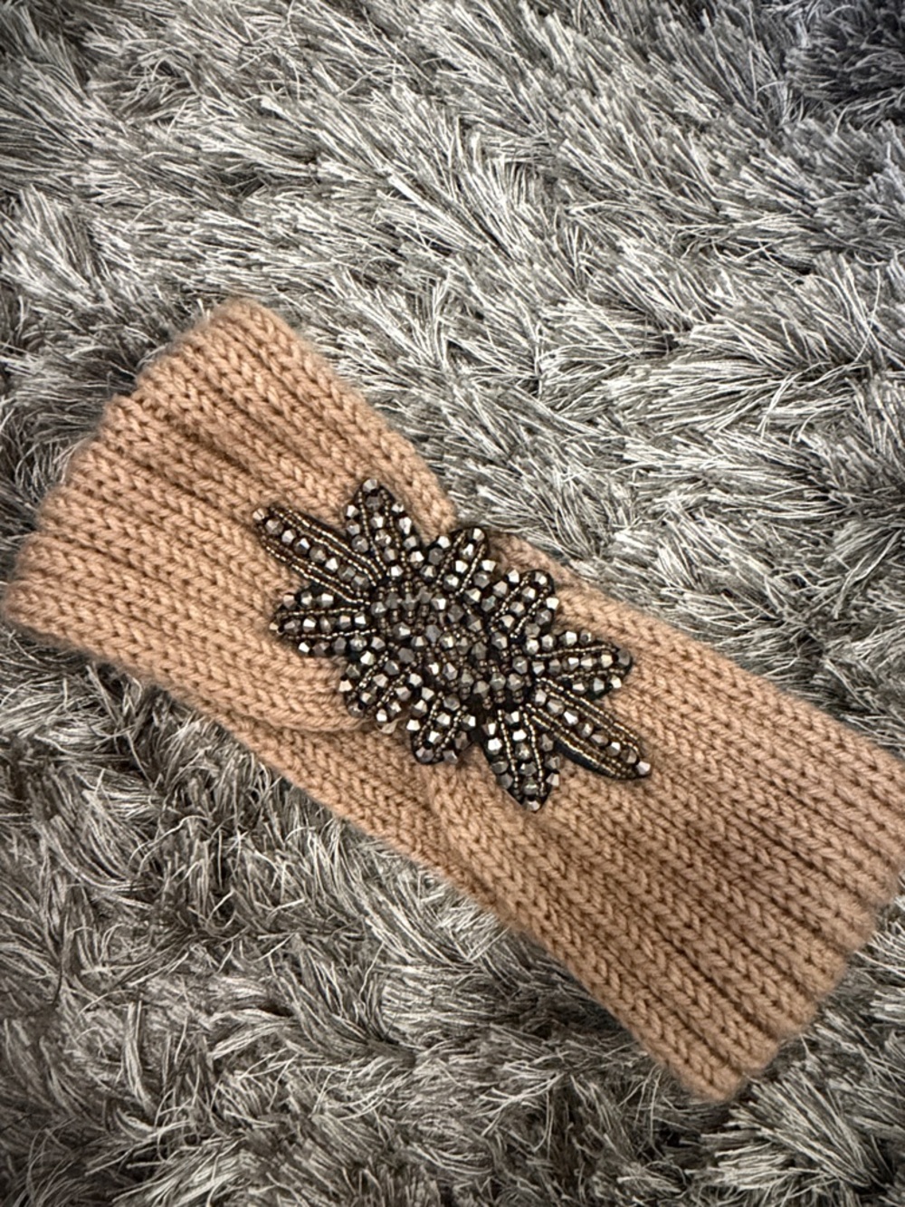 Embellished Knit Headband - Beige